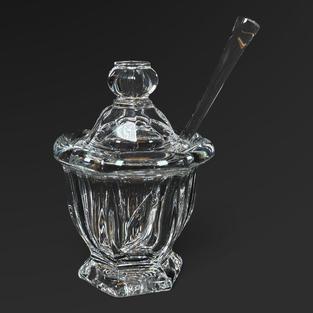 4.5" BACCARAT Crystal Glass Harcourt Missouri Mustard/Jam Jar w/ Lid and Spoon